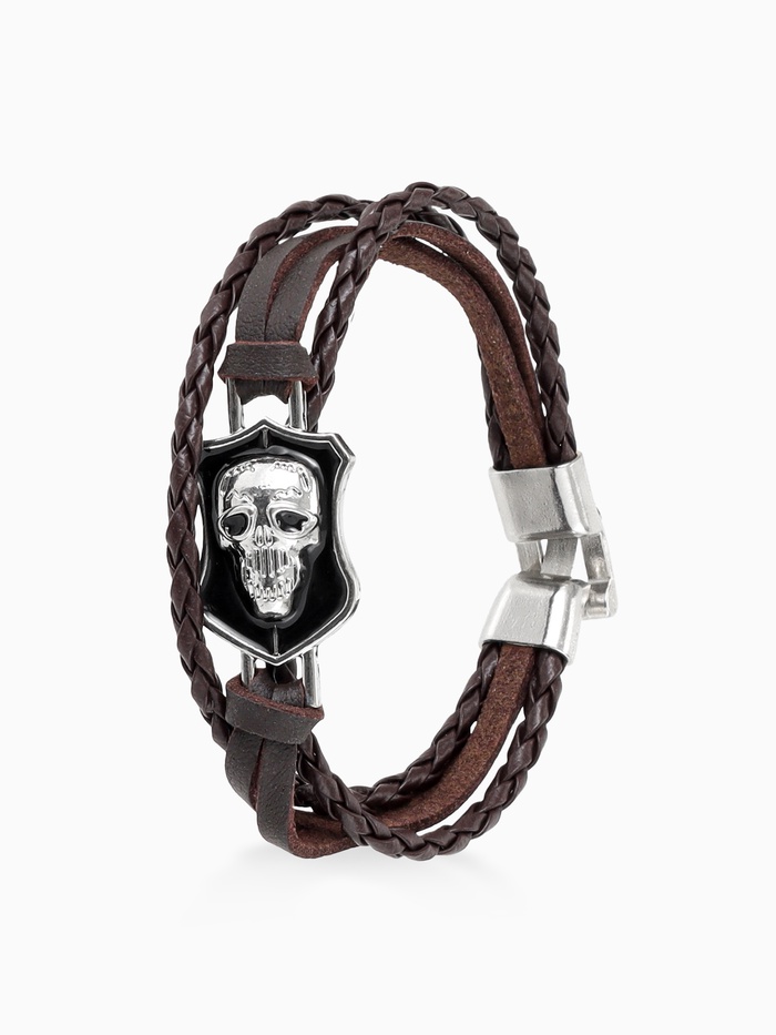 Браслет кожаный «Гордон» череп, коричневый с серебром, 21.5 см - Фото 1