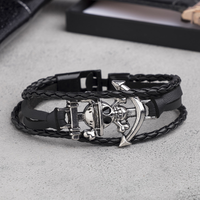 Браслет мужской «Параллели» якорь с черепом, цвет чёрный с серебром, 21,5 см