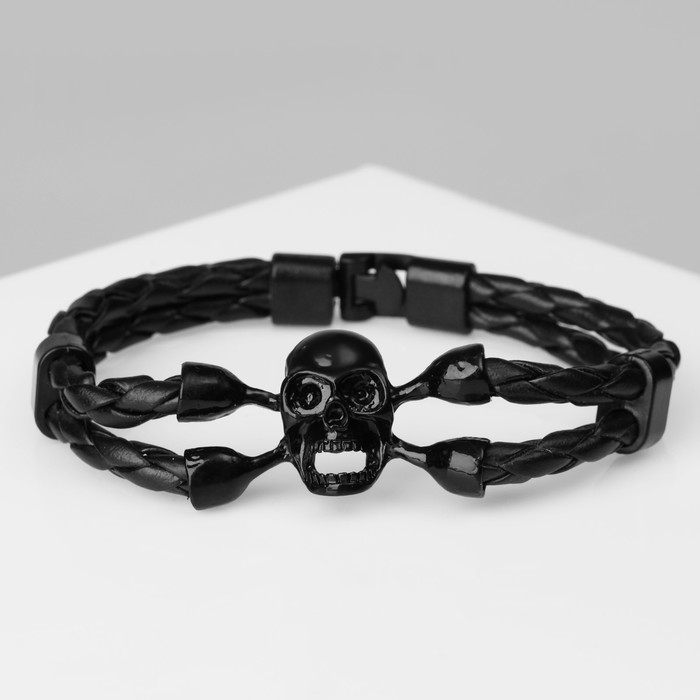 Браслет мужской «Денджер» череп, цвет чёрный с чёрным металлом, 22 см - Фото 1