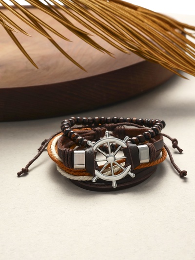 Набор браслетов кожаных «Мачта и штурвал», 3 шт., бежево-коричневый в серебре, d=7.5 см