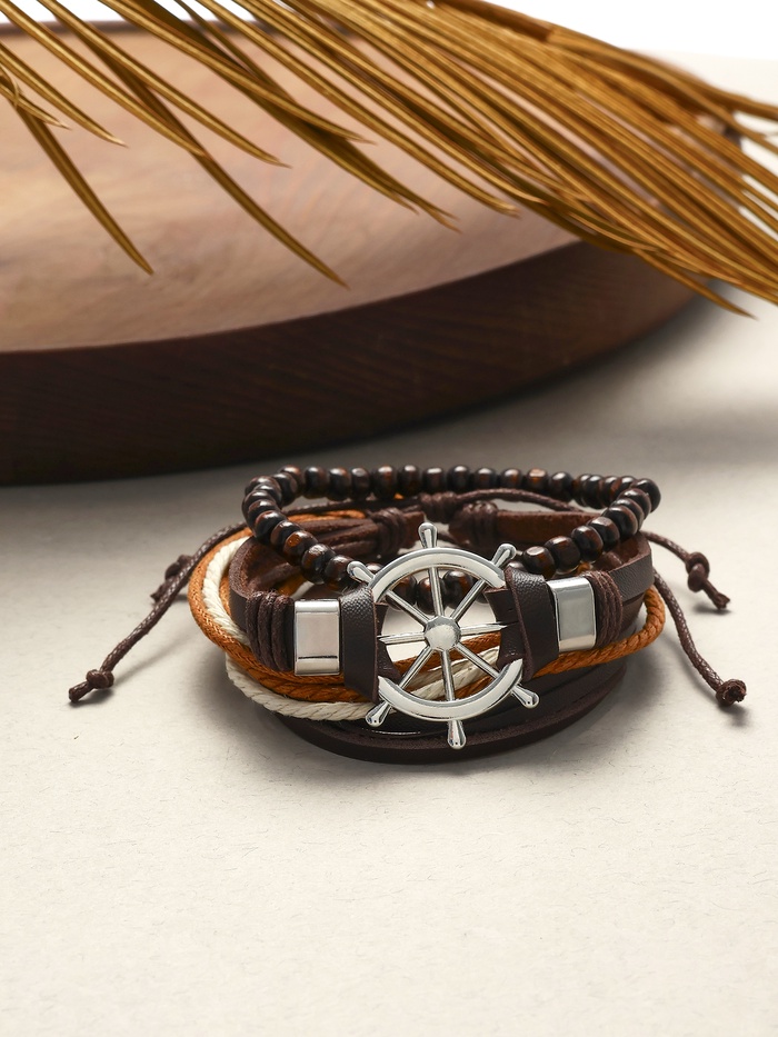 Набор браслетов кожаных «Мачта и штурвал», 3 шт., бежево-коричневый в серебре, d=7.5 см - Фото 1