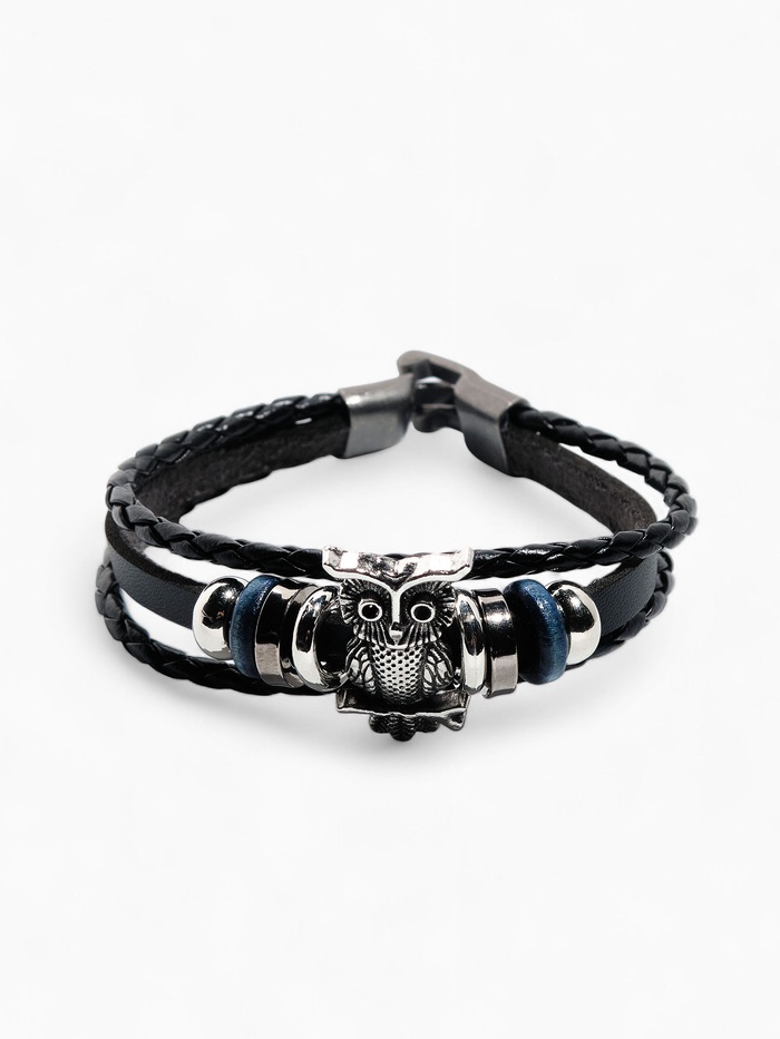 Браслет кожа «Совушка», чёрный в серебре, L=20 см - Фото 1