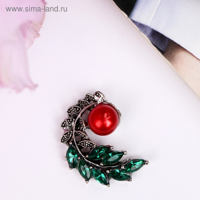 Декор для творчества металл "Веточка с красной ягодкой" стразы, жемчужина 2,2х1,6 см - Фото 1