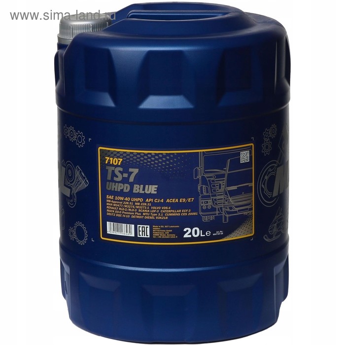 Масло моторное Mannol 10W-40, TS-7, UHPD Blue, синтетическое, CJ-4, канистра, 20 л - Фото 1