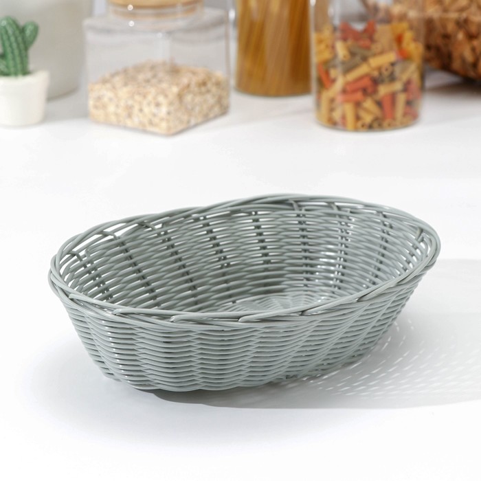 Корзинка для фруктов и хлеба Доляна «Плуг», 25×18×6.5 см, пластик, плетёная, серая - Фото 1