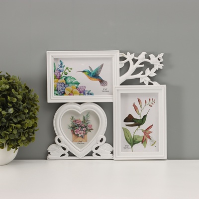 Фоторамка - коллаж на 3 фото 10×10 см, 10×15 см «Фламинго и птички», пластик, белая, 25.5×28 см