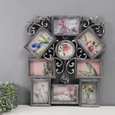Фоторамка-коллаж на 9 фото 10×10 см, 10×15 см «Узоры», пластик под тёмное серебро, 54×49 см