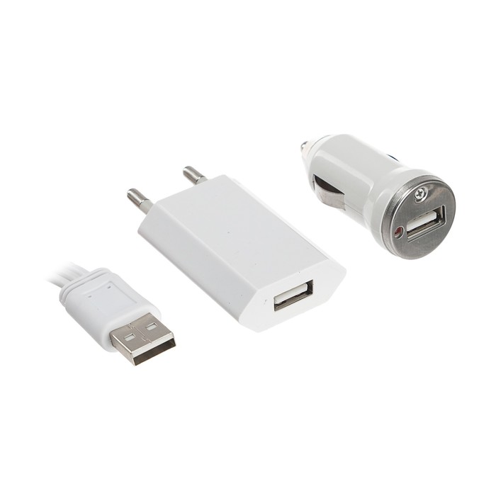 Комплект для зарядки 3 в 1 LuazON UC-13, Type-C/Lightning/microUSB, АЗУ, СЗУ, 1 А, белый - фото 51449562