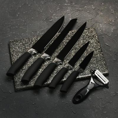 Набор кухонных принадлежностей «Тень», 6 предметов: ножи 19 см, 23 см, 32 см, 32 см, керамическая овощечистка, 32×4 см, цвет чёрный