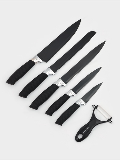 Набор кухонных принадлежностей Доляна «Супер-блек», 6 предметов: ножи 19 см, 23 см, 32 см, 32 см, керамическая овощечистка, 32×4 см, чёрный