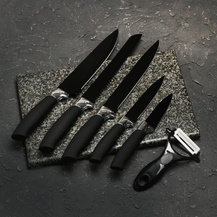 Набор кухонных принадлежностей Доляна «Супер-блек», 6 предметов: ножи 19 см, 23 см, 32 см, 32 см, керамическая овощечистка, 32×4 см, цвет чёрный - фото 1907045498