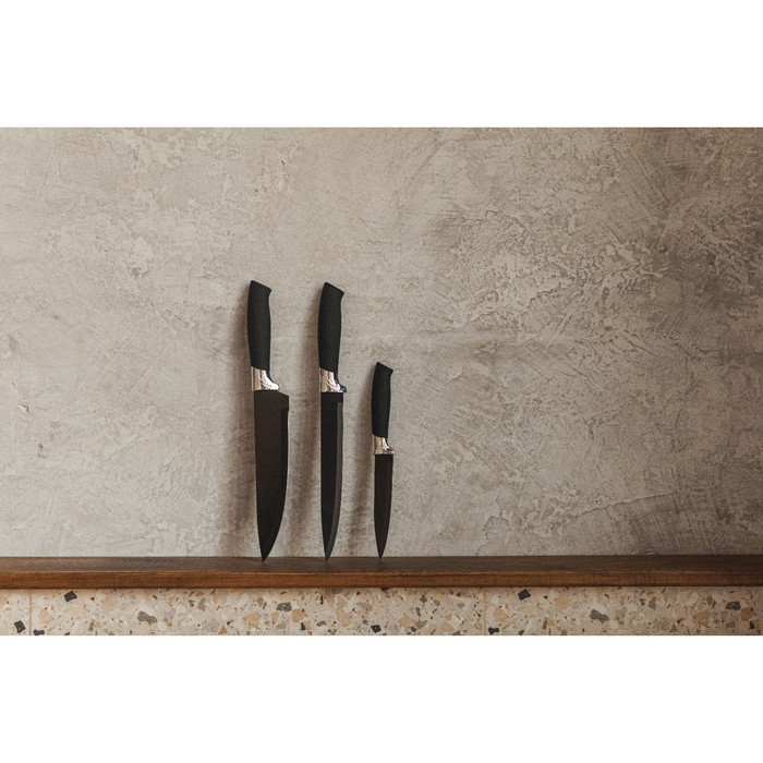 Набор кухонных принадлежностей Доляна «Супер-блек», 6 предметов: ножи 19 см, 23 см, 32 см, 32 см, керамическая овощечистка, 32×4 см, цвет чёрный - фото 1907045503