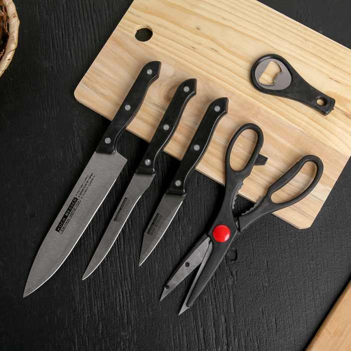 Набор кухонных принадлежностей, 6 предметов: 3 ножа: 8 см, 12,5 см, 17 см, ножницы 21,5 см, открывашка 9,5 см, доска разделочная