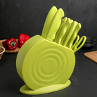 Набор ножей кухонных на подставке, 8 ножей, ножеточка, ножницы, цвет зелёный - фото 5826441