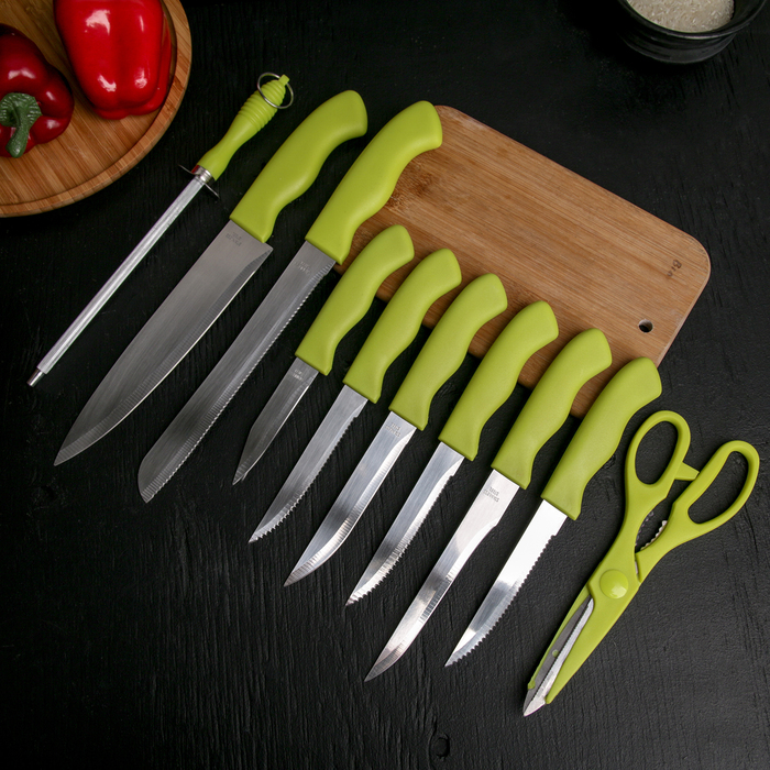 Набор ножей кухонных на подставке, 8 ножей, ножеточка, ножницы, цвет зелёный - фото 1907045530