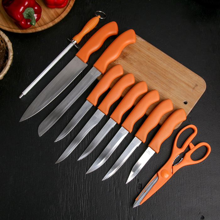 Набор ножей кухонных на подставке, 8 ножей, ножеточка, ножницы, цвет оранжевый - фото 1907045533