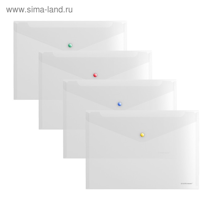 Папка-конверт на кнопке А4, 160 мкм, ErichKrause Glossy Clear, глянцевая, с цветной кнопкой, прозрачная, микс