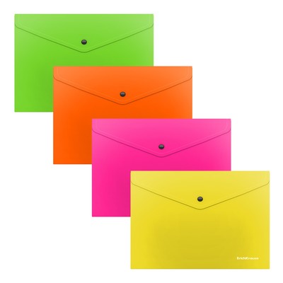 Папка-конверт на кнопке А5+ (239×189 мм), 180 мкм, ErichKrause Glossy Neon, глянцевая, полупрозрачная, микс
