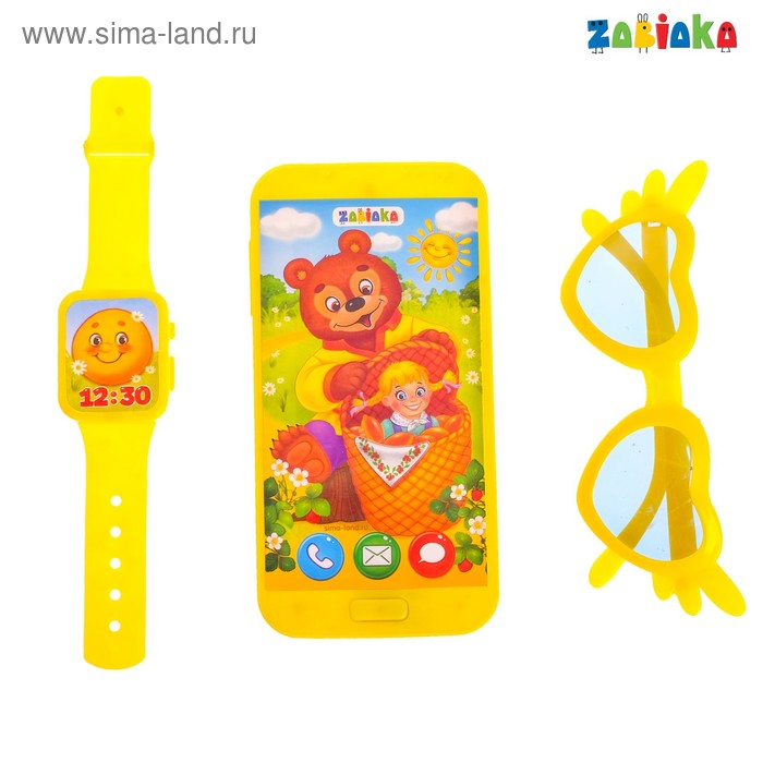 Игровой набор «Любимые сказки»: телефон, очки, часы, русская озвучка, цвет жёлтый, в пакете - Фото 1