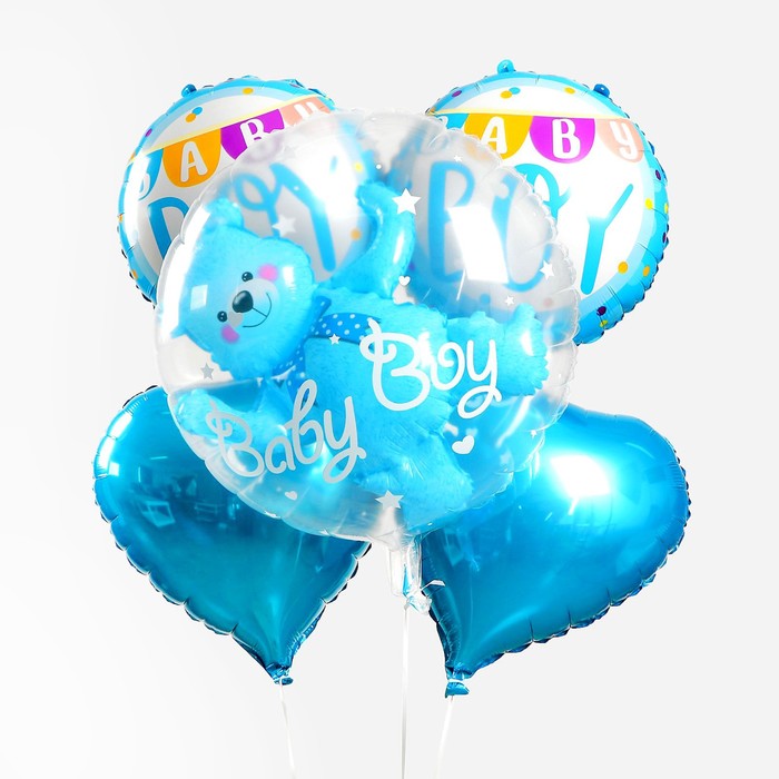 Букет из шаров "Ура, мальчик", мишка в шаре, набор 5 шт. - Фото 1