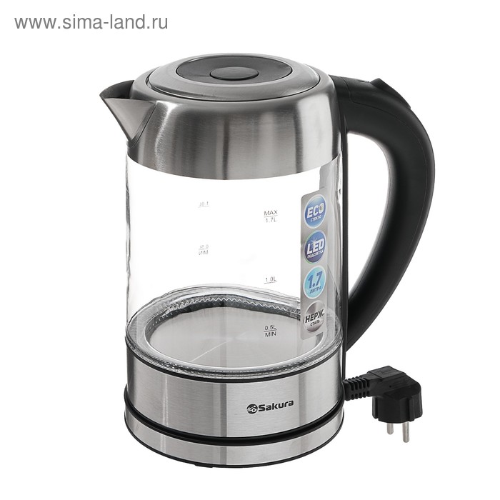 

Чайник электрический Sakura SA-2720SBK, стекло, 1.7 л, 2200 Вт, серебристый
