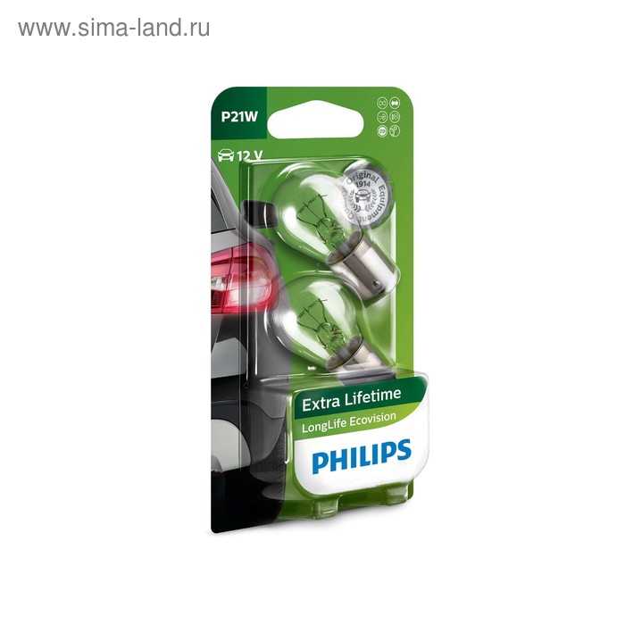 Лампа автомобильная Philips Long Life EcoVision, P21W, 12 В, 21 Вт, 2 шт, 12498LLECOB2 46849 - Фото 1
