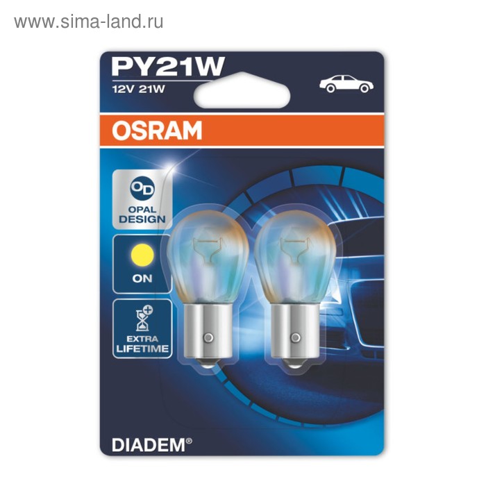 Лампа автомобильная Osram Diadem, PY21W, 12 В, 21 Вт, набор 2 шт, 7507LDA-02B - Фото 1