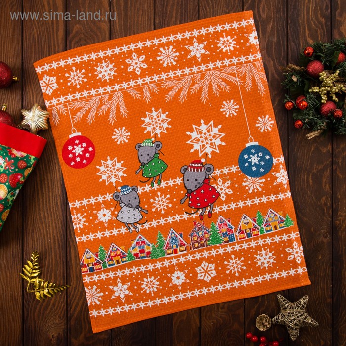 Полотенце Экономь и Я «Новогодние шалости» вид 3, размер 45х60 см, цвет оранжевый, хлопок - Фото 1