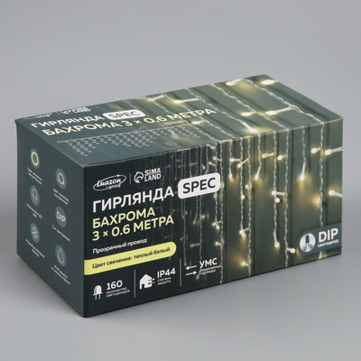 Гирлянда «Бахрома» 3×0.6 м, IP44, УМС, прозрачная нить, 160 LED, свечение тёплое белое, мерцание белым, 220 В