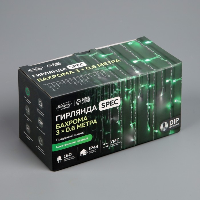 Гирлянда «Бахрома» 3 × 0.6 м, IP44, УМС, прозрачная нить, 160 LED, свечение зелёное, мерцание белым, 220 В - фото 1905597872