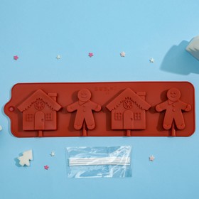 Форма для леденцов Доляна «Дом для имбирного пряника», силикон, 31×9 см, 4 ячейки, с палочками, цвет МИКС