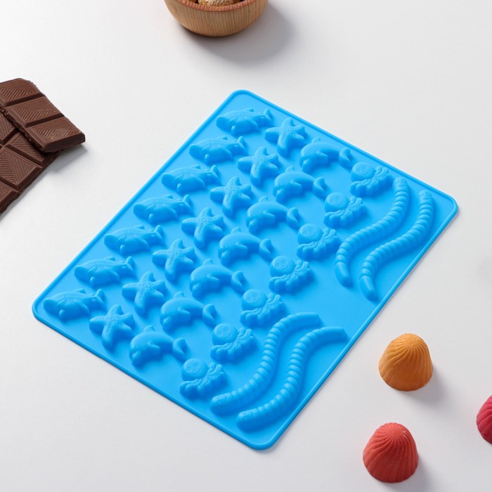 Форма силиконовая для мармелада Доляна «Морские сладости», 22,3×17,2 см, 32 ячейки, цвет голубой