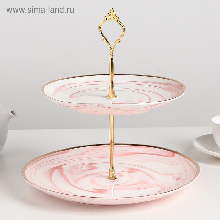 Блюдо керамическое 2-х ярусное «Мрамор», d=20,5/25 см, цвет розовый - Фото 1