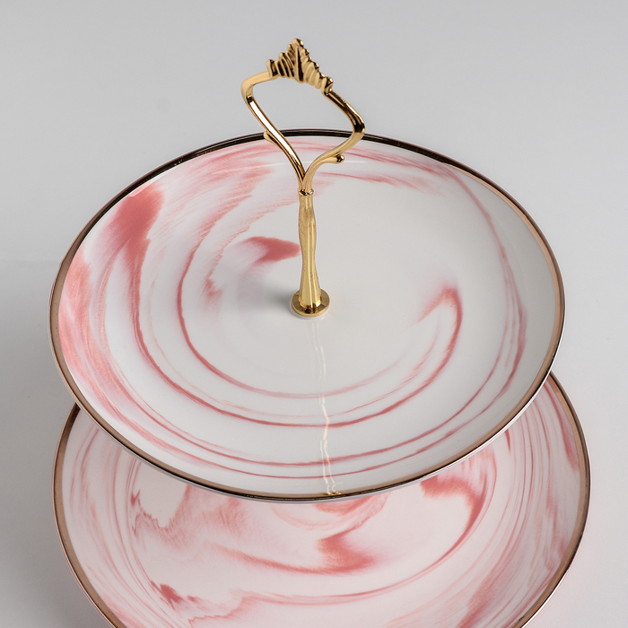 Блюдо керамическое 2-х ярусное «Мрамор», d=20,5/25 см, цвет розовый - фото 1886432293