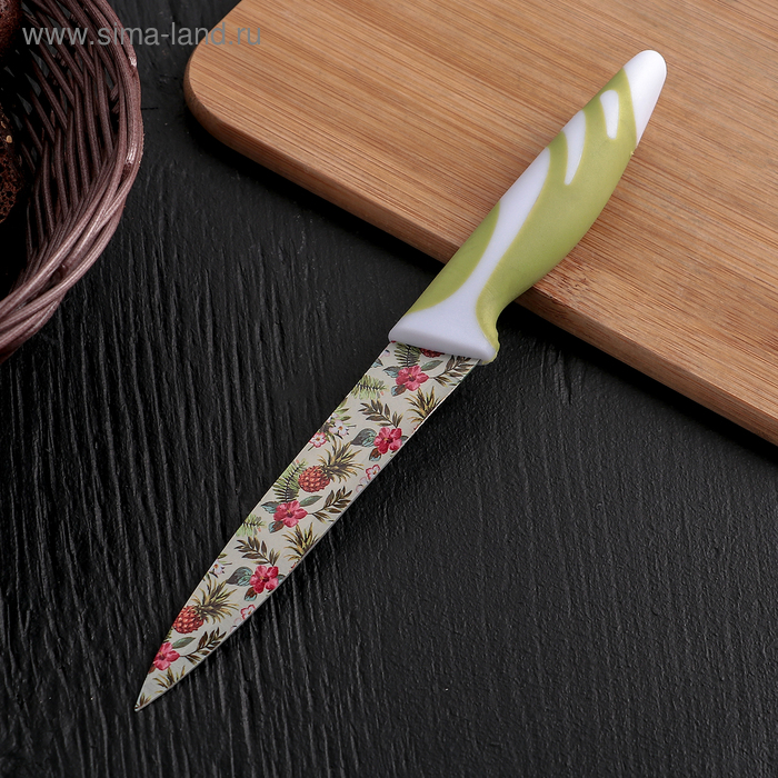 Нож кухонный с антиналипающим покрытием Доляна «Тропики», лезвие 12,5 см, цвет зелёный - Фото 1