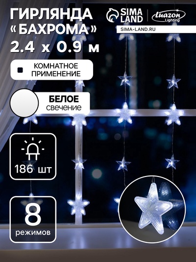 УЦЕНКА Гирлянда «Бахрома», 2.4×0.9 м, с насадками «Звёздочки», IP20, 138 LED, 220 В, 8 режимов, прозрачная нить, свечение белое