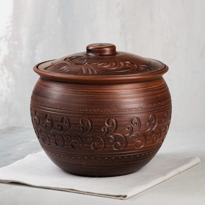 Горшок духовой "Круглый", декор, красная глина, 3.5 л, ручная работа - Фото 1