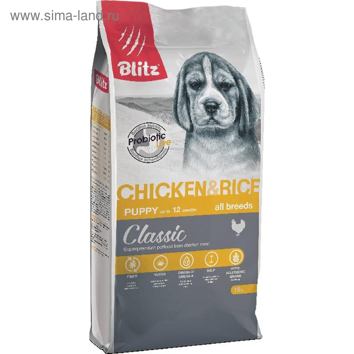 Сухой корм Blitz Puppy Chiken and Rice для щенков, курица/рис, 15 кг - Фото 1