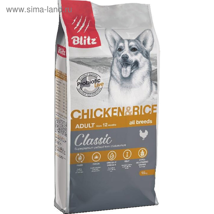 Сухой корм Blitz Chiken and Rice для собак, курица/рис, 15 кг - Фото 1