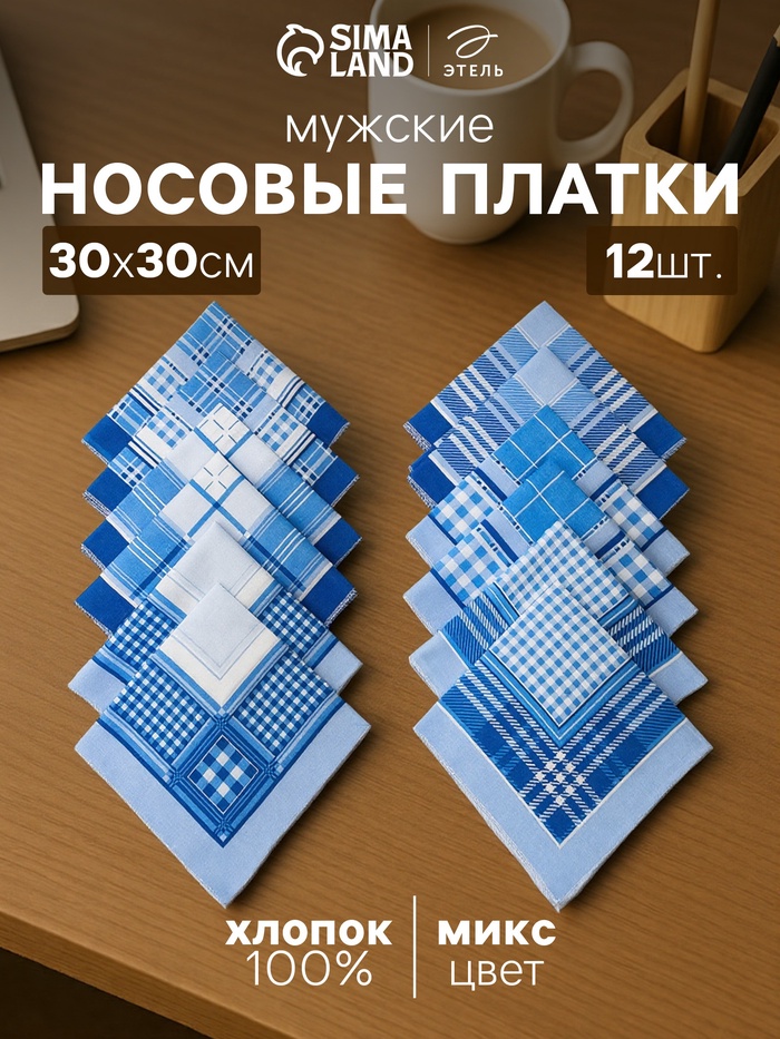 Платки носовые мужские «Этель», 30×30 см, набор 12 шт., голубые, рисунок МИКС, хлопок 100% - Фото 1