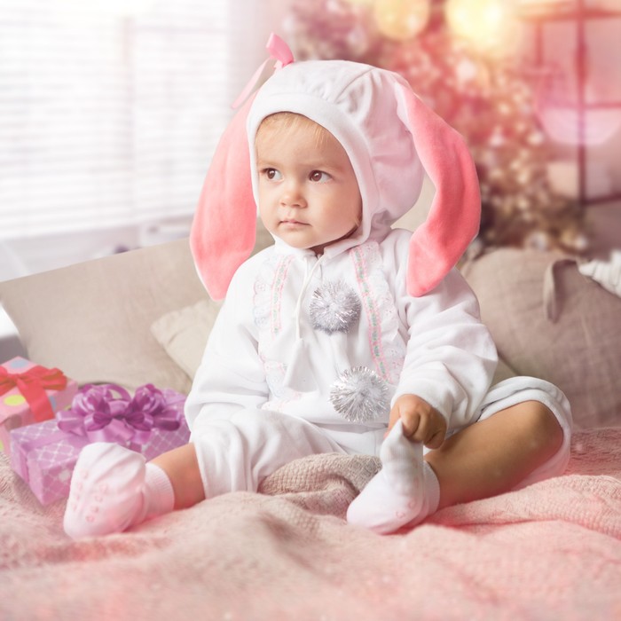 Карнавальный костюм для малышей «Зайчик с розовыми ушами», велюр, хлопок, рост 74-92 см, помпоны МИКС - Фото 1