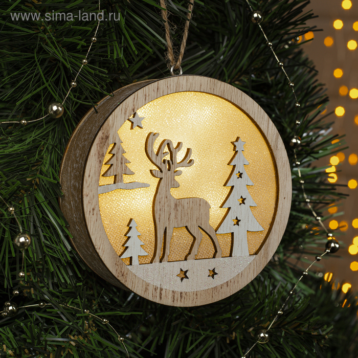 Ёлочная игрушка «Олень в лесу», 11×11×3 см, 4 LED, от батареек АААх2, свечение тёплое белое - Фото 1