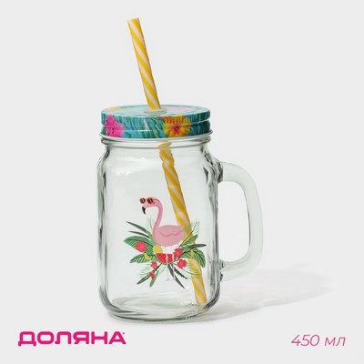 Кружка Доляна «Фламинго», 450 мл, 10×7.5×13 см, с крышкой и трубочкой, стекло, прозрачная, разноцветная