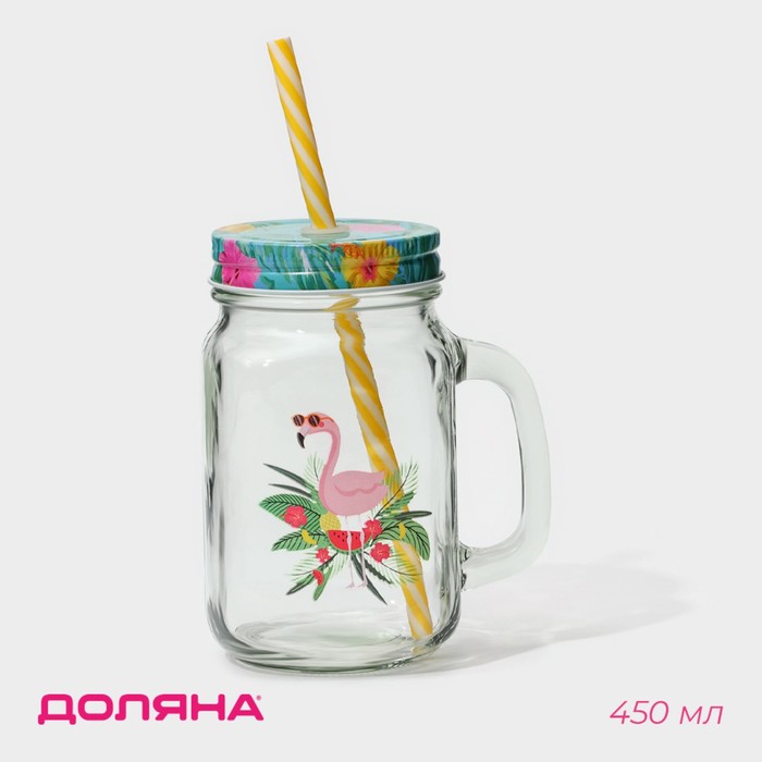 Кружка Доляна «Фламинго», 450 мл, 10×7.5×13 см, с крышкой и трубочкой, стекло, прозрачная, разноцветная - Фото 1