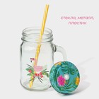 Кружка Доляна «Фламинго», 450 мл, 10×7.5×13 см, с крышкой и трубочкой, стекло, прозрачная, разноцветная - Фото 3