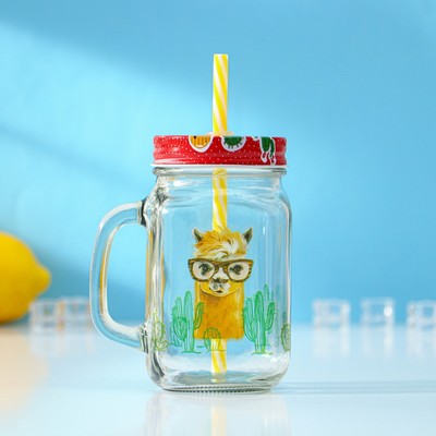 Банка с крышкой и трубочкой Доляна «Лама», 450 мл, 10×7.5×13 см, стекло, прозрачная, разноцветная