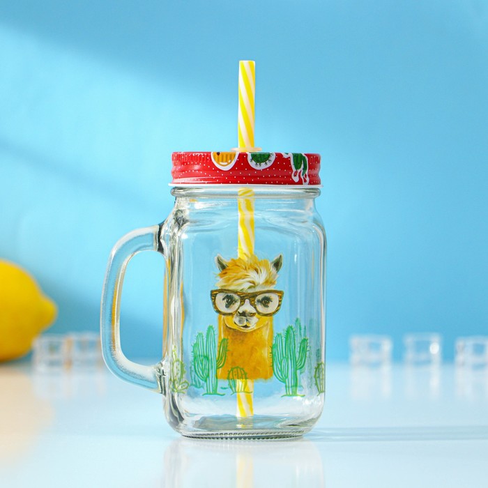 Банка с крышкой и трубочкой Доляна «Лама», 450 мл, 10×7.5×13 см, стекло, прозрачная, разноцветная - Фото 1