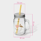 Кружка Доляна «Золотой фламинго», 450 мл, 10×7.5×13 см, с ручкой, крышкой и трубочкой, стекло, прозрачная - Фото 2