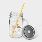 Кружка Доляна «Золотой фламинго», 450 мл, 10×7.5×13 см, с ручкой, крышкой и трубочкой, стекло, прозрачная - Фото 3