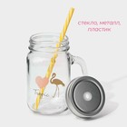 Кружка Доляна «Золотой фламинго», 450 мл, 10×7.5×13 см, с ручкой, крышкой и трубочкой, стекло, прозрачная - Фото 3